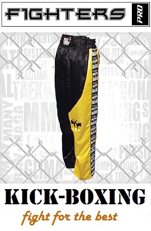 FIGHTERS - Pantalon de Kick-boxing / Satiné / Noir-Jaune / XL
